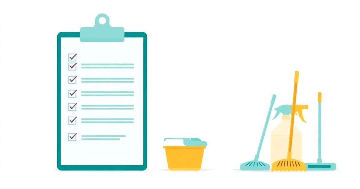 Ilustración editorial de un parte de trabajo de limpieza con checklist y materiales